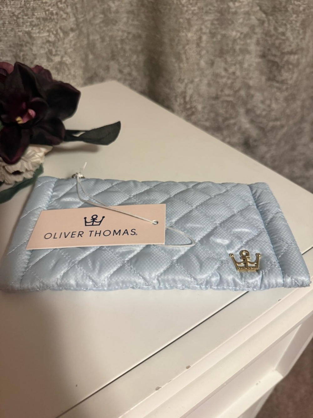 Oliver Thomas Pale Blue Quilted Eyewear Sleeve with Gold Crown Accent